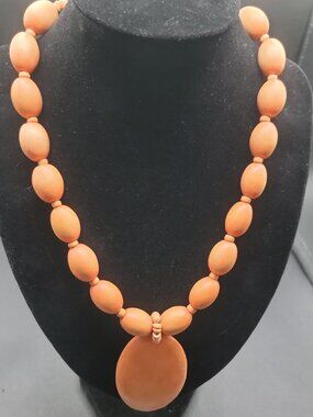 Vintage Chunky Orange Wood Pendant Necklace Adjustable 15-18" Boho Statement